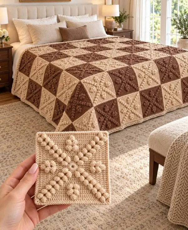 Checkerboard Popcorn Bedspread Crochet Pattern