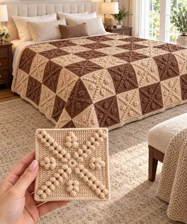 Checkerboard Popcorn Bedspread Crochet Pattern