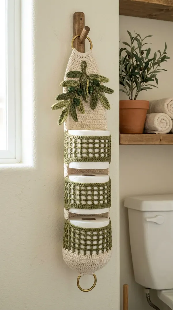 Olive Branch Crochet Toilet Paper Holder Pattern (Free Hanging 3-Roll Storage)