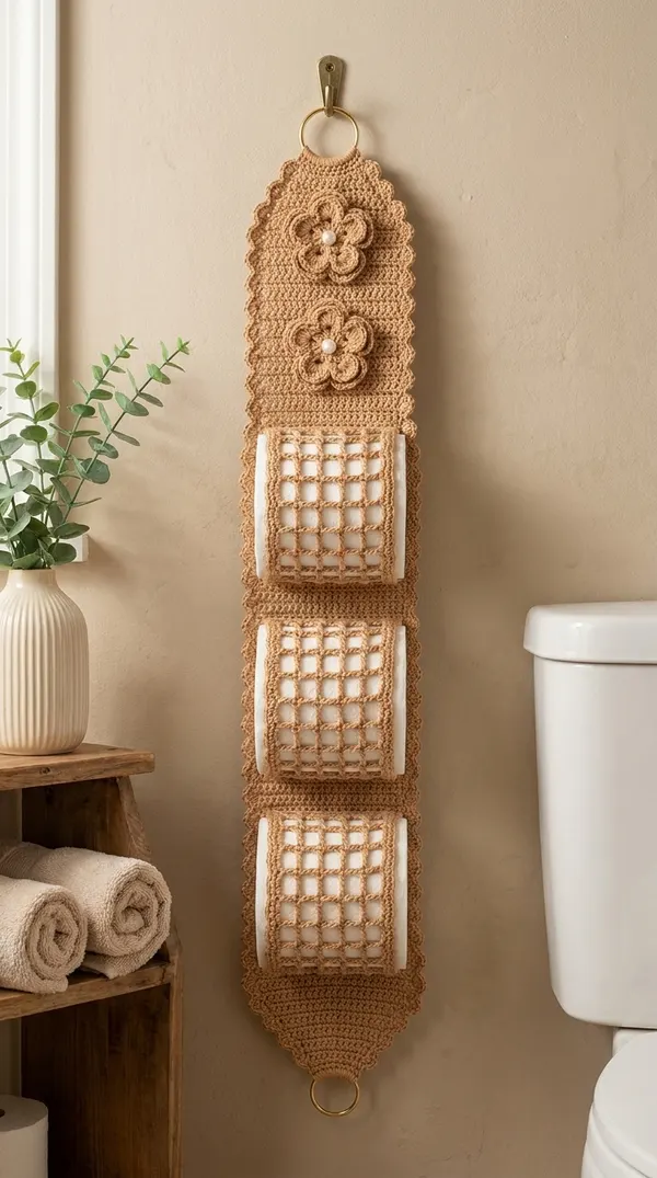 Caramel Blossom Hanging Toilet Paper Holder Crochet Pattern (Free, Holds 3 Rolls)