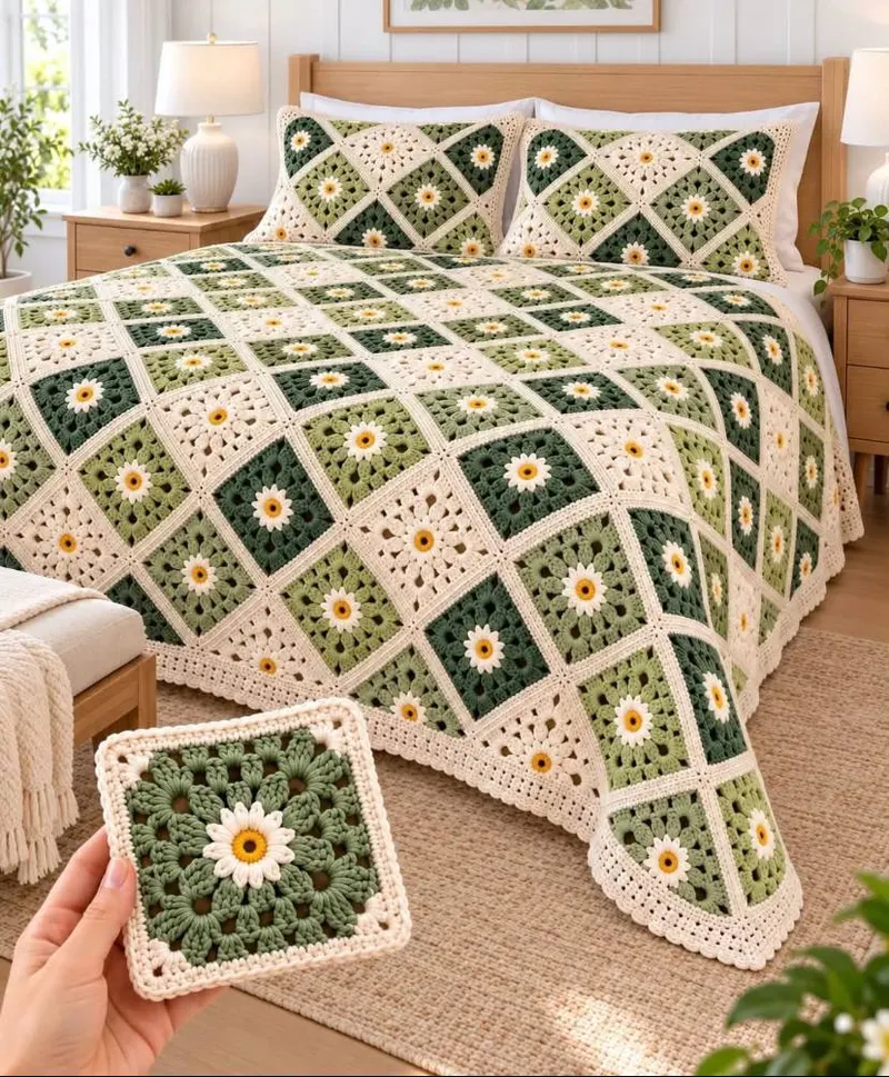 Sage Meadow Daisy Granny Square Pattern (Free Blanket + Pillow Sham)