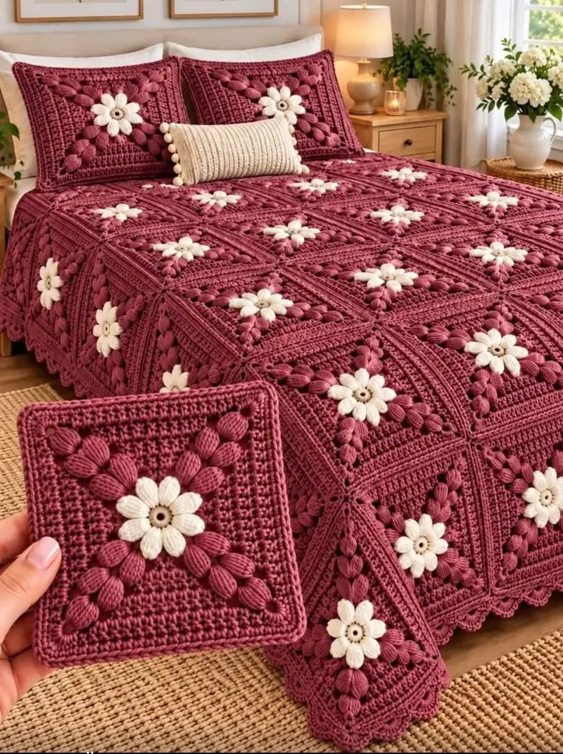 Burgundy Blossom Flower Granny Square Blanket Pattern