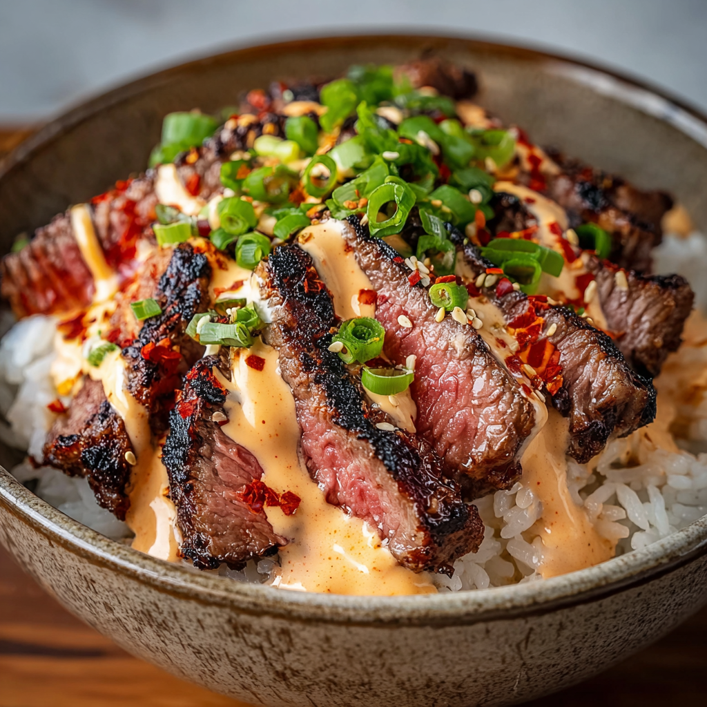 Korean BBQ Steak Rice Bowls with Spicy Creamy Sauce