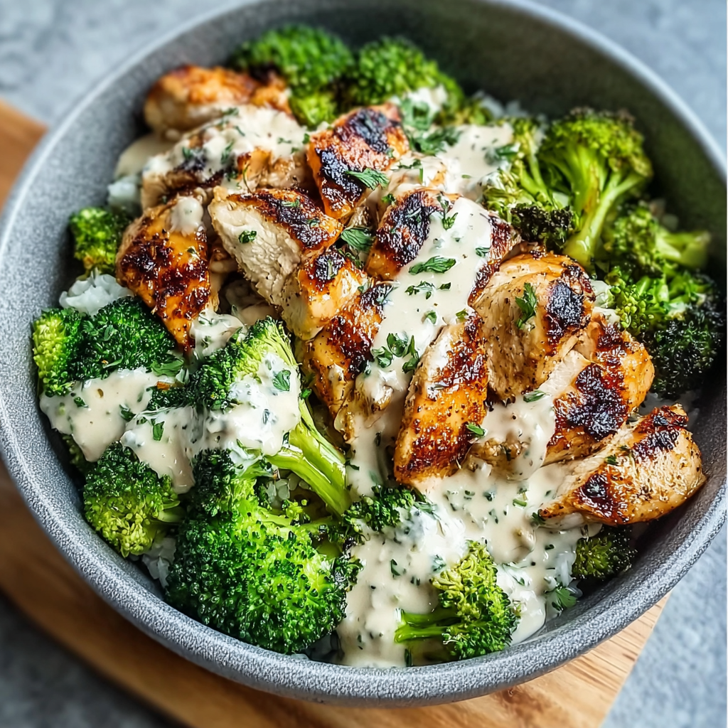 Grilled Chicken & Broccoli Bowls with Creamy Garlic Sauce