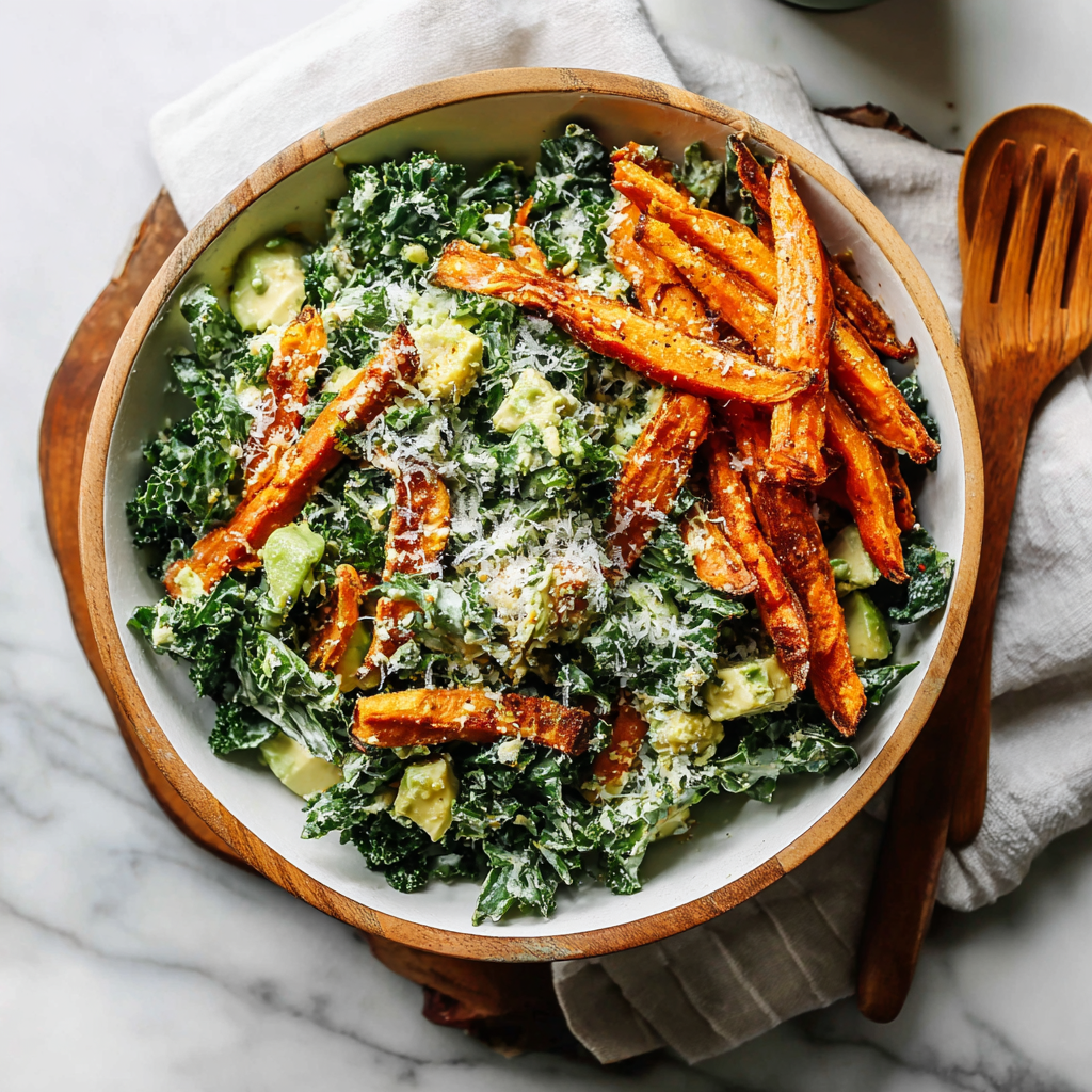 Avocado Kale Caesar Salad with Sweet Potato Fries