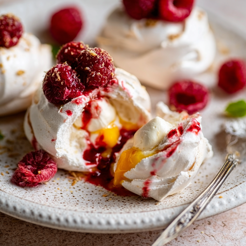 Pavlova Bombs – Mini Pavlovas Filled with Lemon Curd and Raspberry Coulis