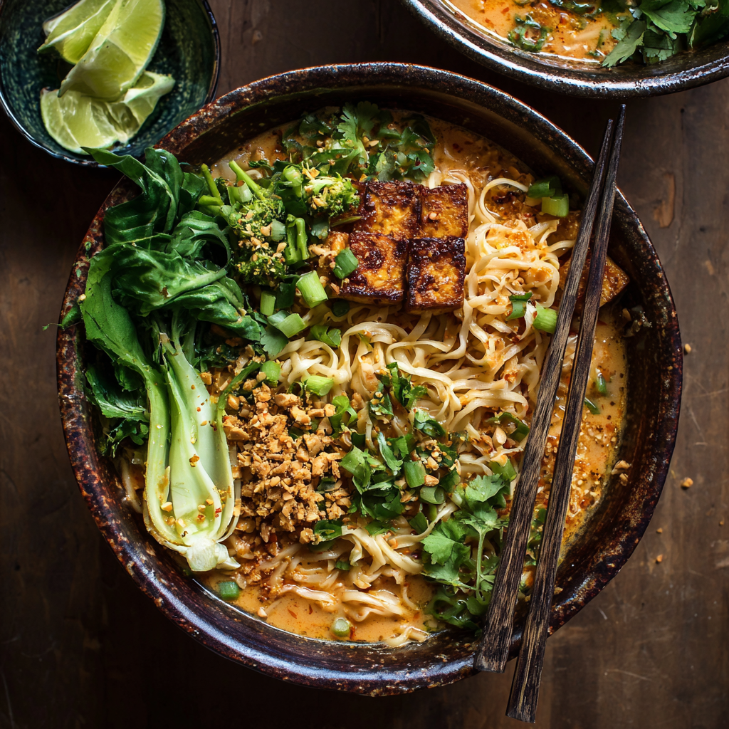 Miso Peanut Ramen Bowls with Crispy Tofu