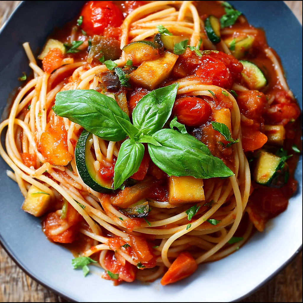 Spaghetti with Roasted Vegetable Tomato Sauce (Vegan)