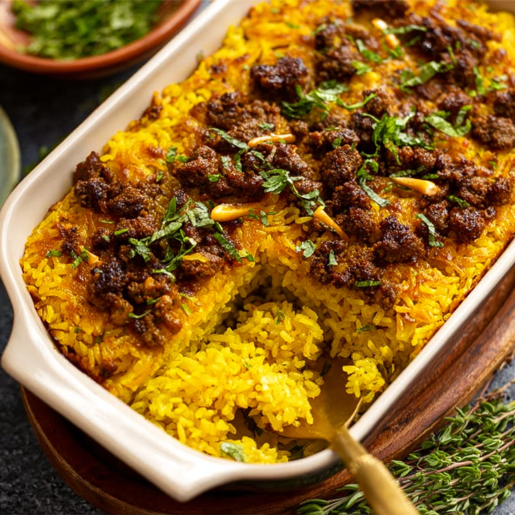 Golden Saffron Rice Bake with Spiced Meat