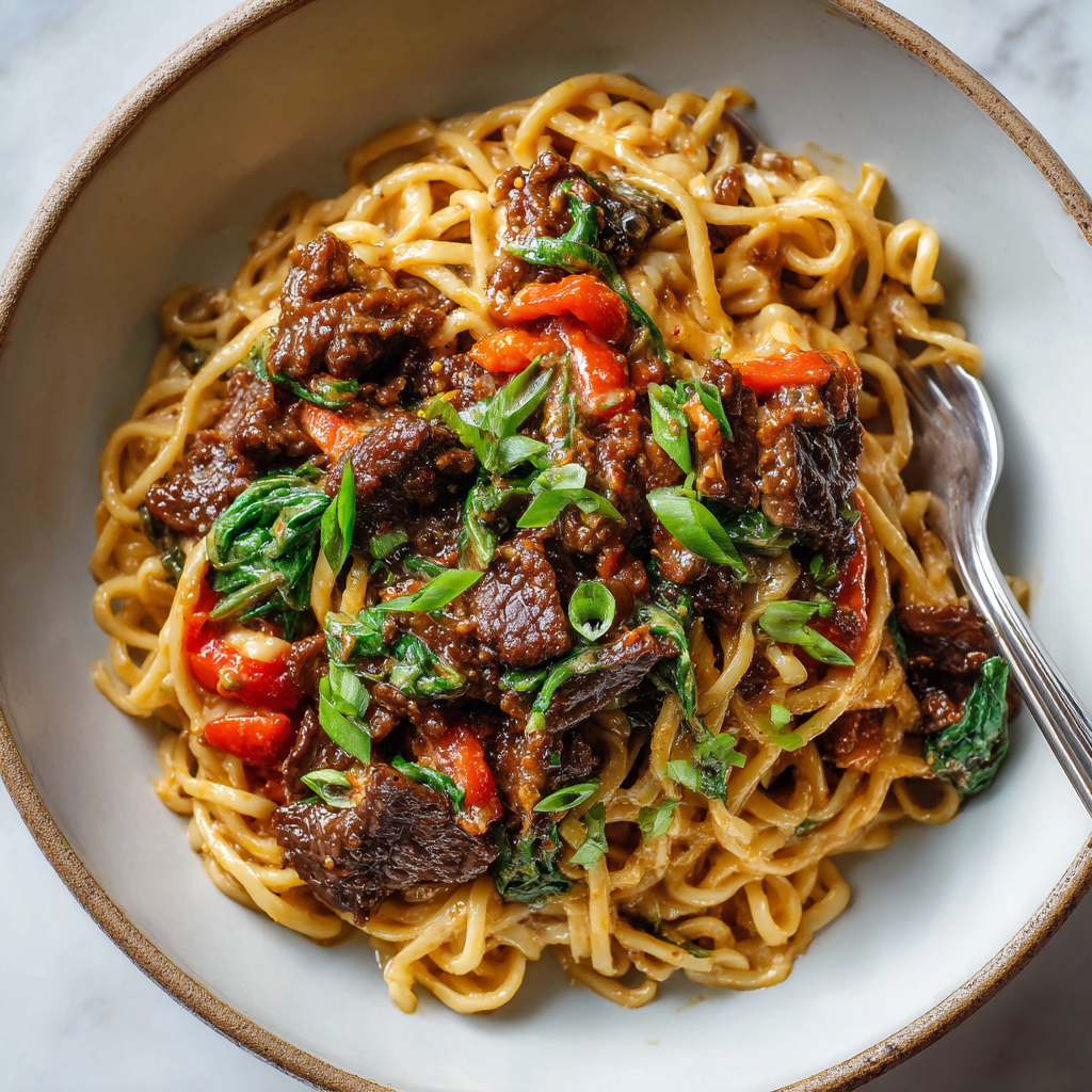 Caramelized Beef with Creamy Peanut Noodles
