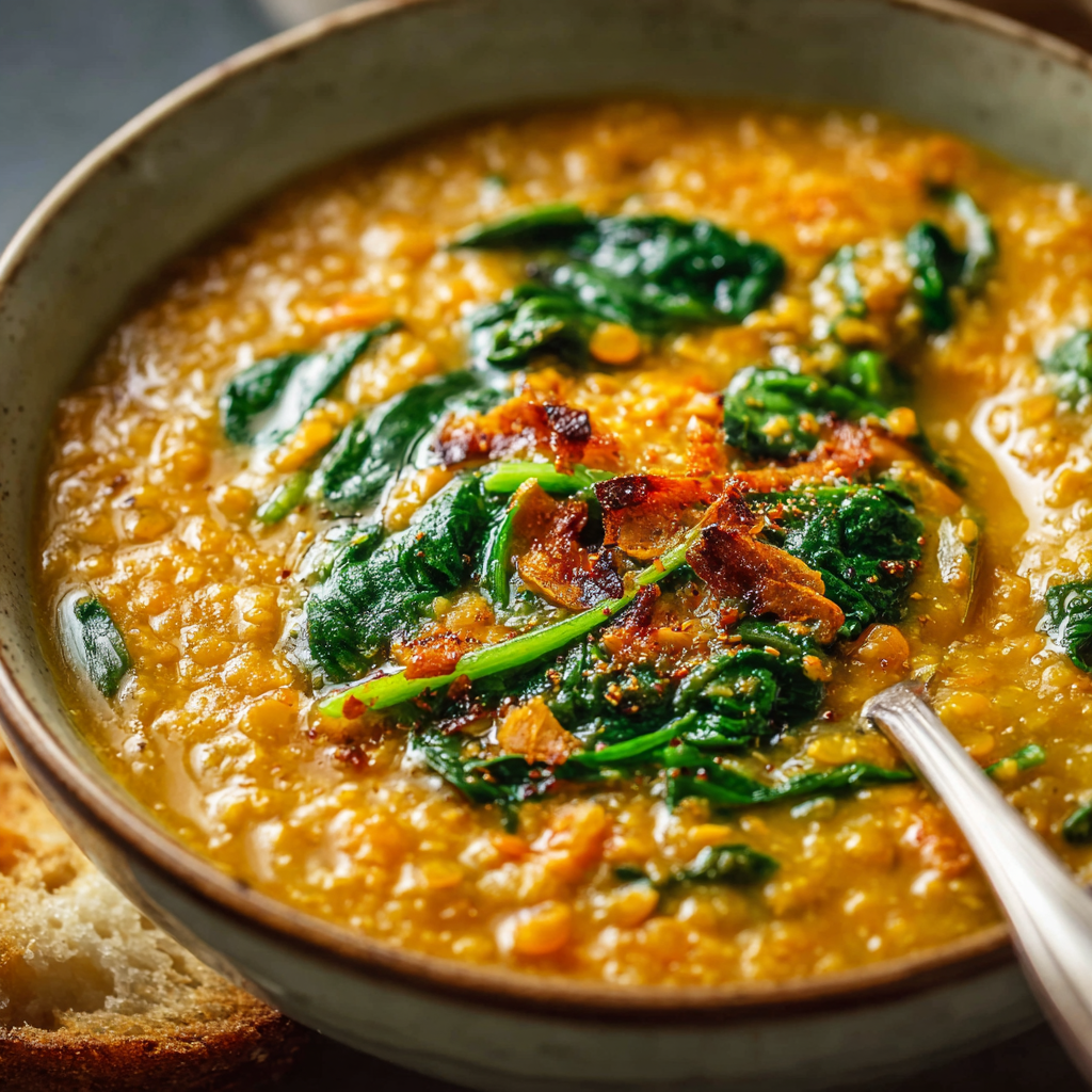 Smoky Red Lentil Soup with Spinach