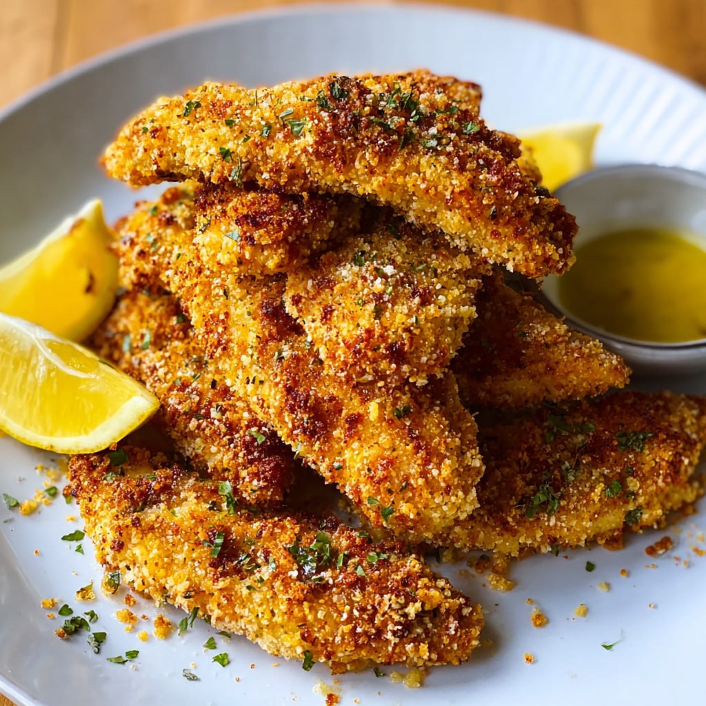 Golden parmesan-crusted chicken tenders dipped in creamy garlic-lemon aioli
