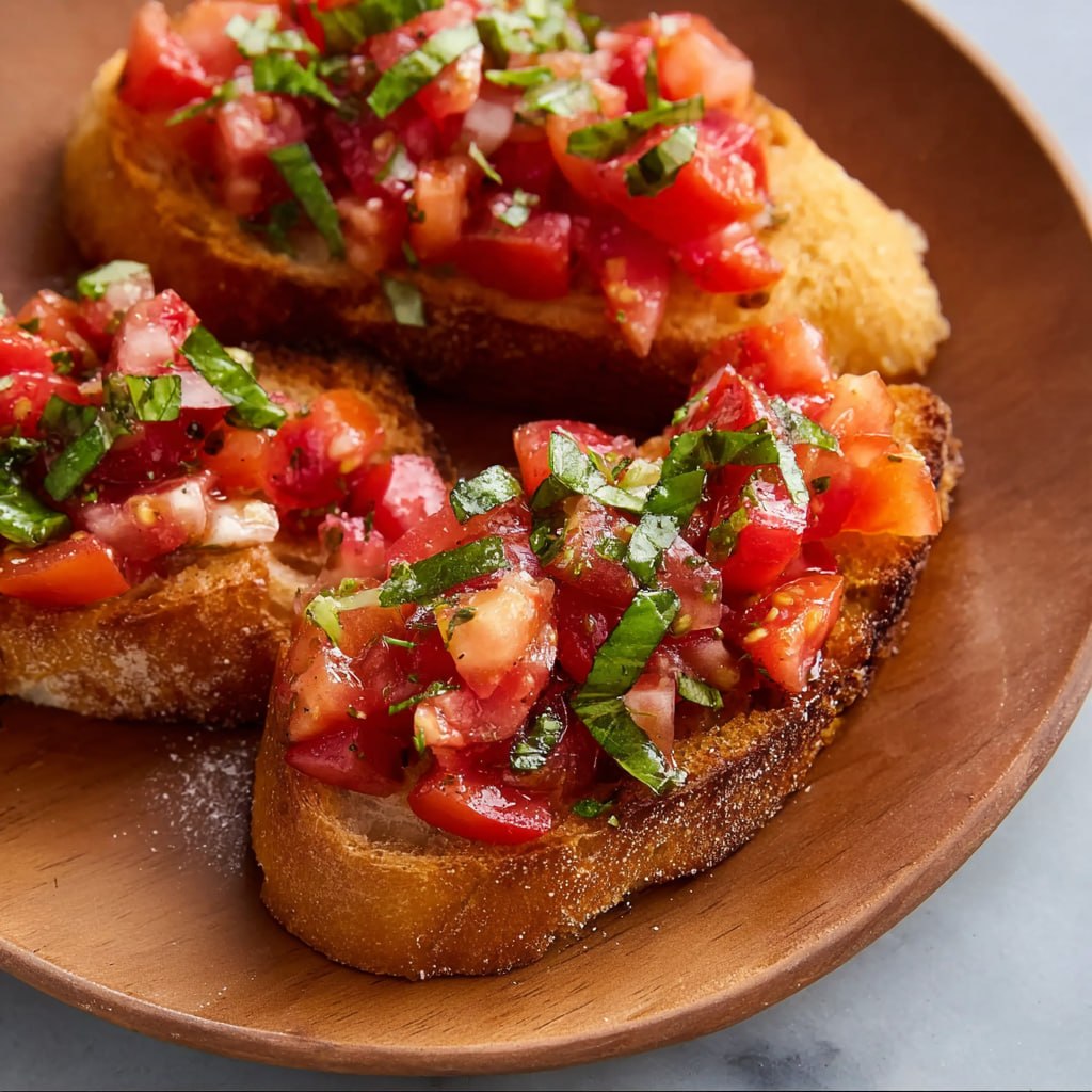 Close-up of bruschetta topping with diced ripe tomatoes, fresh basil ribbons, and balsamic glaze