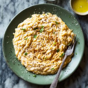 Creamy one-pot cacio e pepe orzo in a bowl topped with cracked black pepper and pecorino cheese