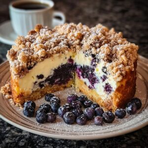 Sherry's blueberry cream cheese crumb cake with golden buttery streusel topping and visible blueberries