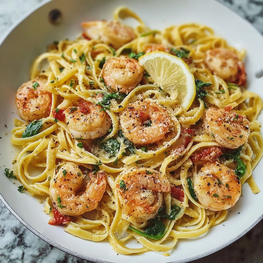 Twirled shrimp linguine on a fork with juicy pink shrimp, garlic, parsley flakes, and parmesan