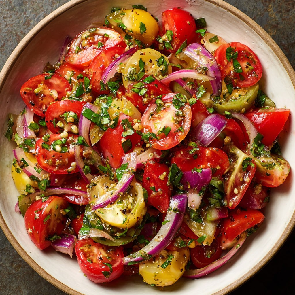 Close-up of Tuscan tomato salad with crusty bread, juicy tomatoes, fresh basil, and balsamic dressing