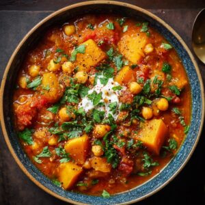 Bowl of Moroccan chickpea and squash stew with golden broth, butternut squash chunks, cilantro, and lemon