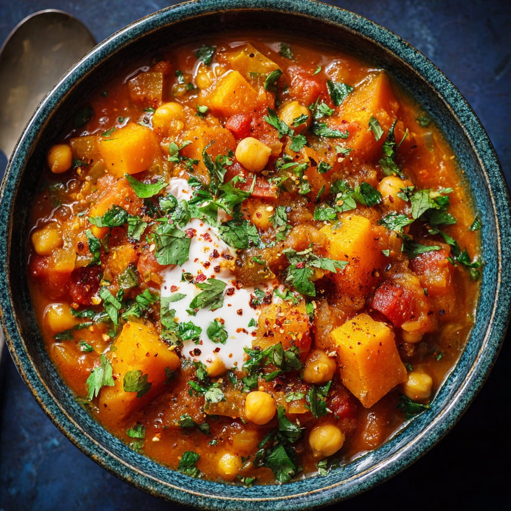 Close-up of spiced Moroccan stew with chickpeas, butternut squash, tomatoes, harissa swirl, and fresh herbs
