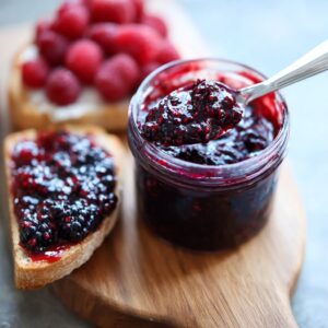 Healthy homemade triple berry jam with no pectin and reduced sugar