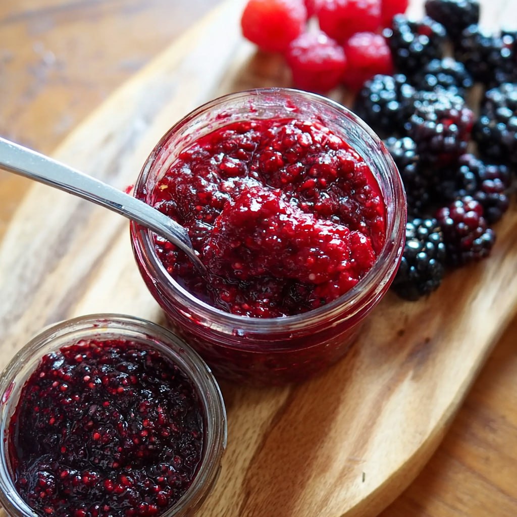 Fresh berry quick jam with strawberries, blueberries and raspberries in a jar