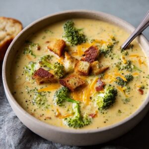 Healthy broccoli cheddar soup in a white bowl with cheddar garnish