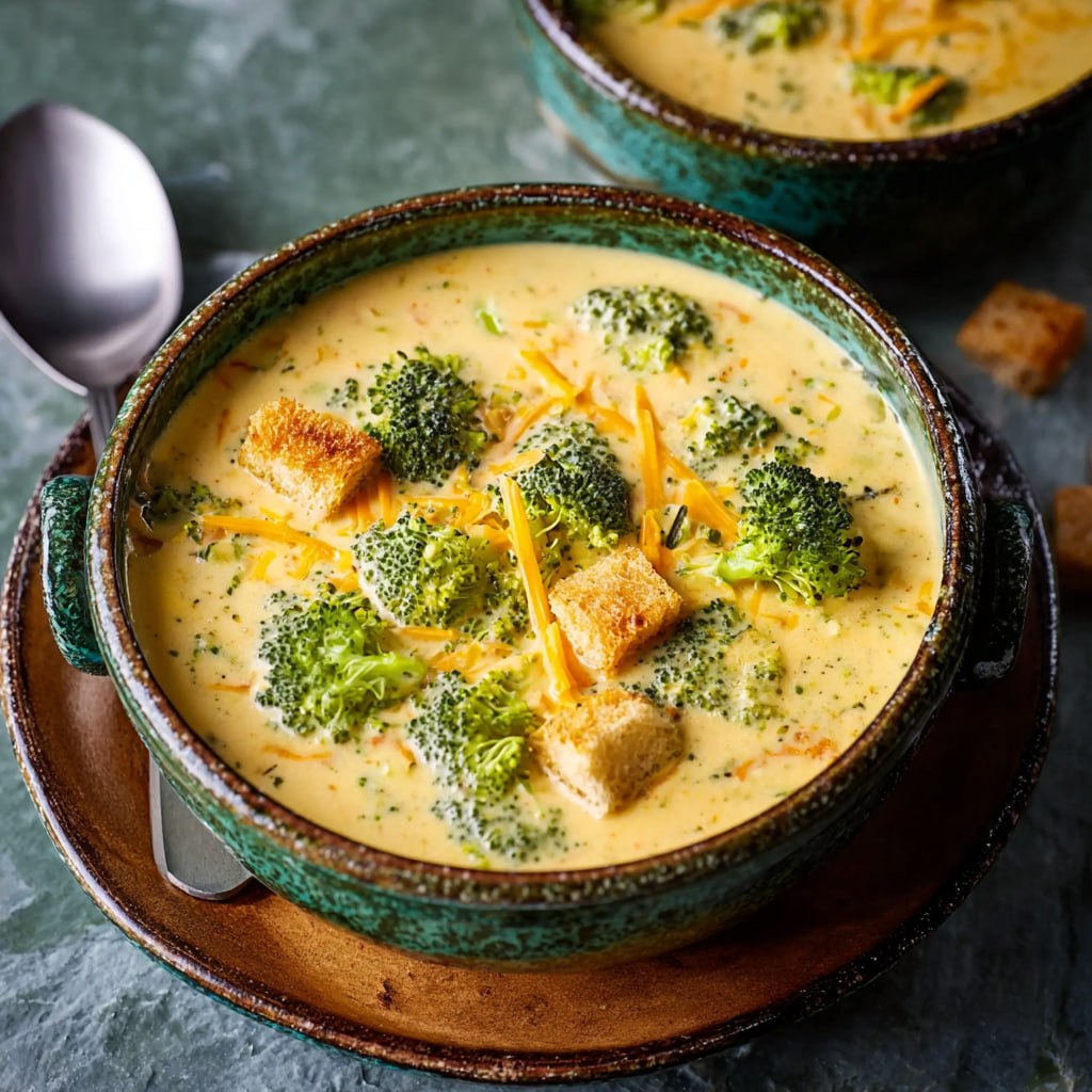 Thick and creamy healthy broccoli cheese soup close up