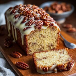 Healthy butter pecan loaf cake sliced with pecans and light glaze