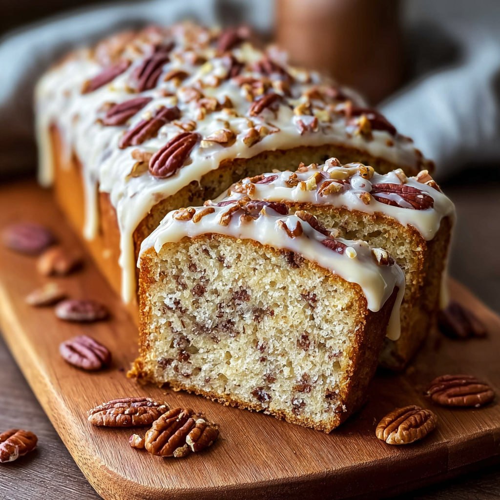 Wholesome butter pecan cake loaf on a wooden cutting board