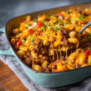 Easy cheeseburger casserole recipe with golden melted cheese on top
