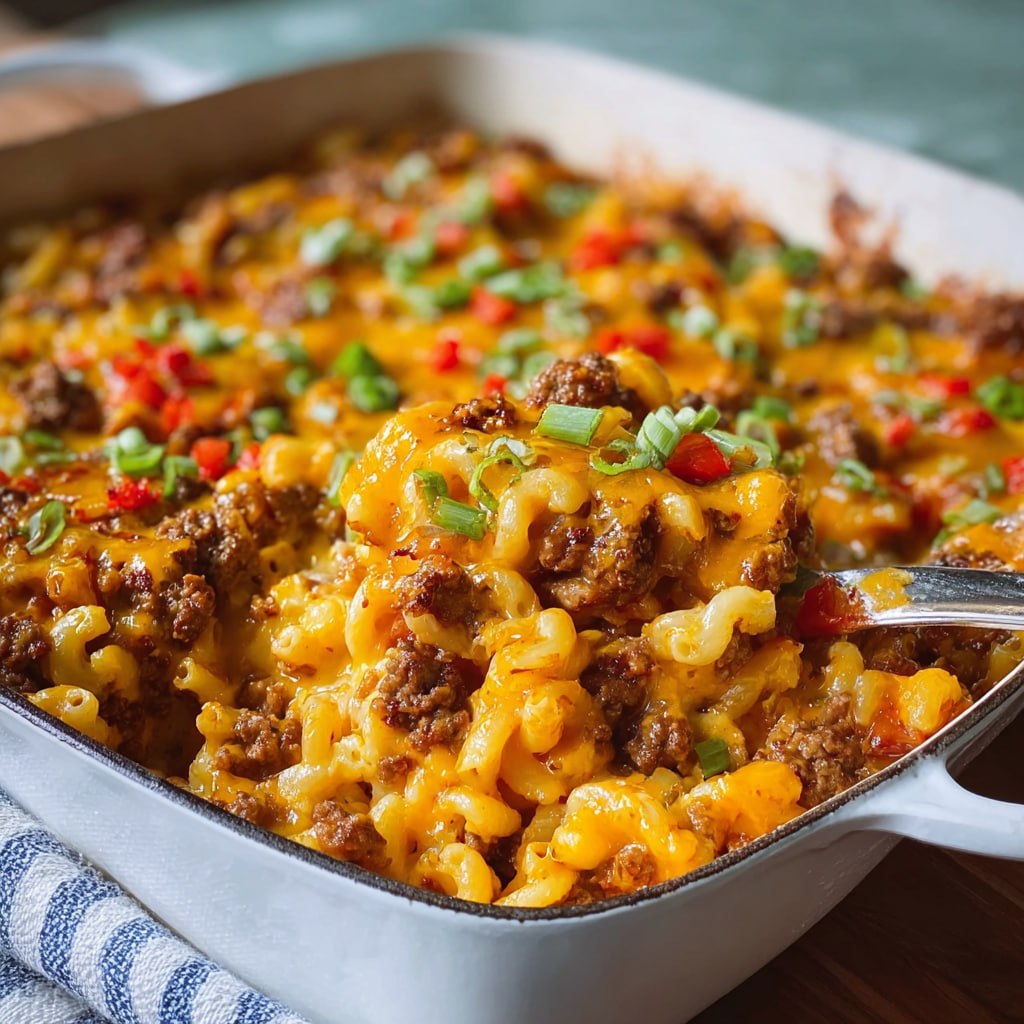 Scooping a serving of cheeseburger casserole showing cheesy beef and noodle layers