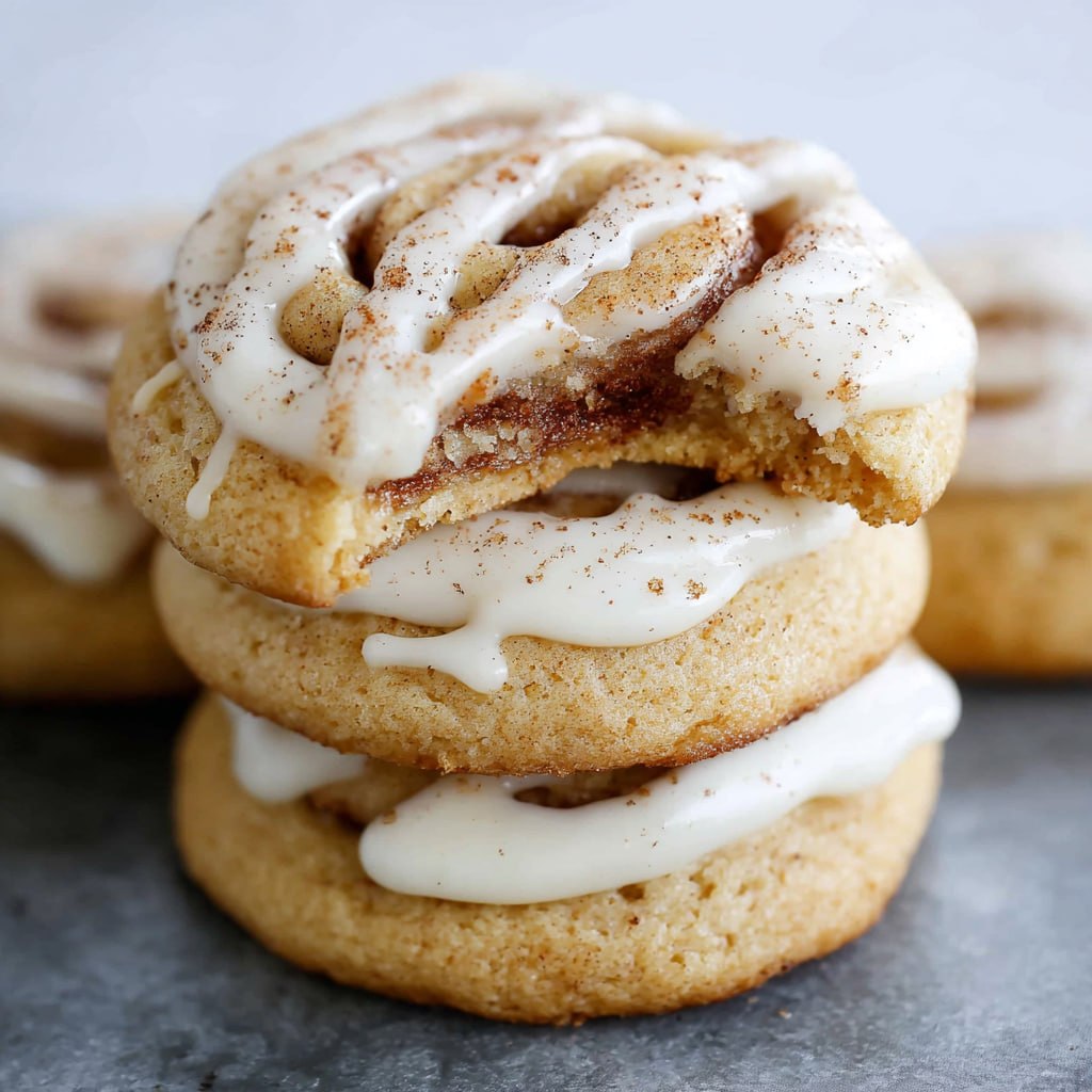Healthy cinnamon roll cookies with light cream cheese glaze and natural cinnamon swirl