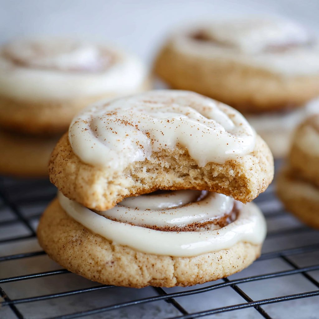 Clean cinnamon roll cookies with light cream cheese drizzle wholesome and delicious