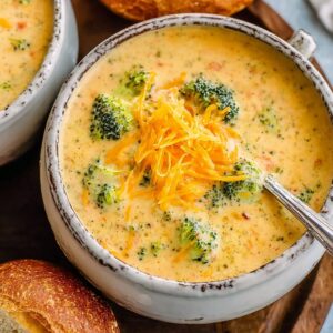 Lighter broccoli cheddar soup with reduced fat ingredients high in vitamin C and fiber from fresh broccoli