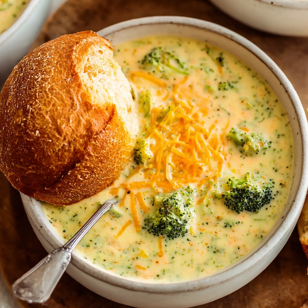 Healthy homemade broccoli cheese soup with sharp cheddar and whole vegetables for a nutritious comfort meal