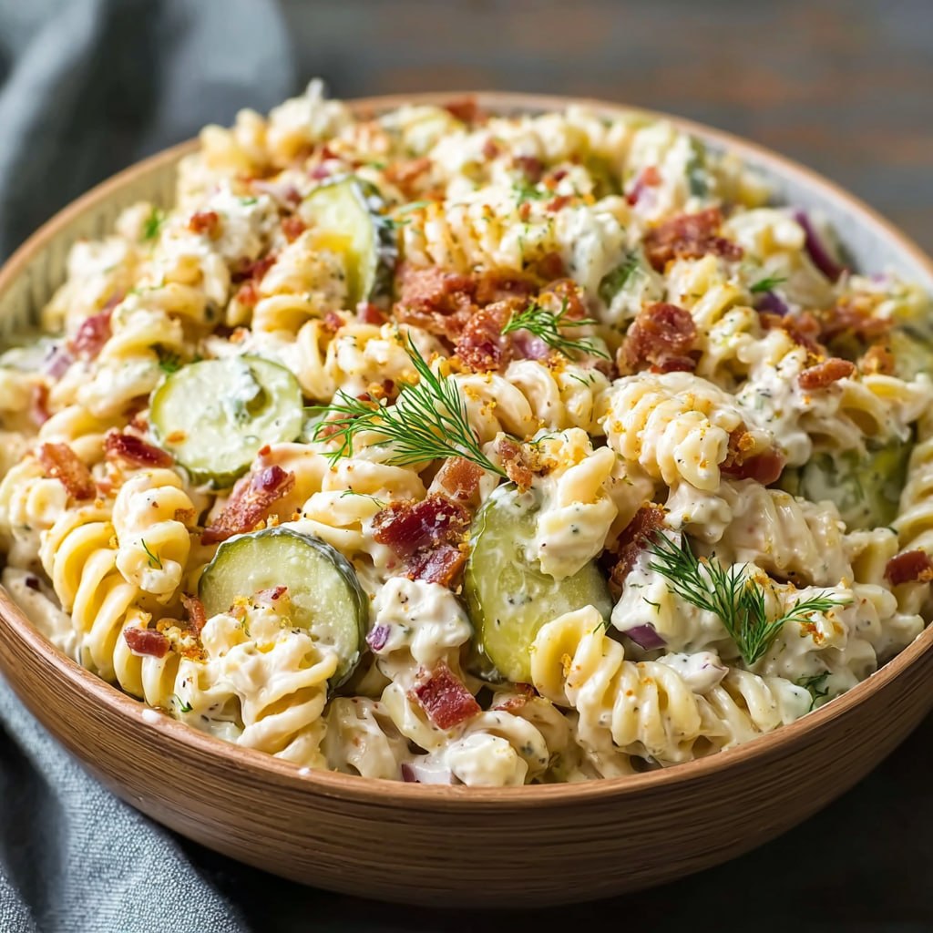 Healthy dill pickle pasta salad with whole wheat pasta and protein-rich ingredients for meal prep