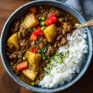 Healthy Japanese beef curry with lean beef and vegetables served over brown rice for a balanced meal
