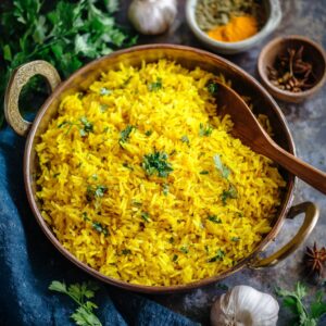 Healthy garlic turmeric rice with golden color in a white bowl with herbs