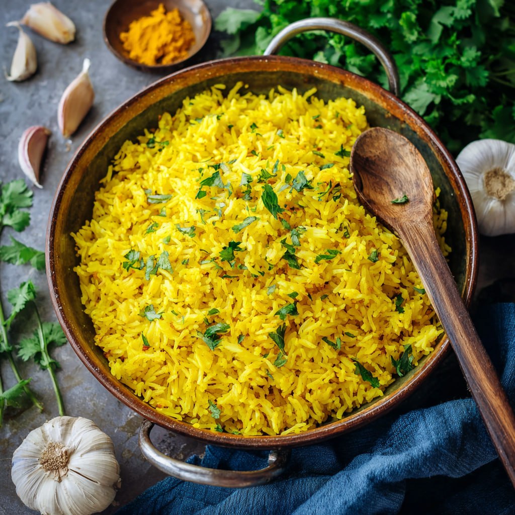 Anti-inflammatory garlic turmeric rice recipe with fresh parsley garnish