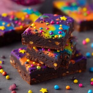 Homemade cosmic brownies with dark chocolate and reduced sugar topped with colorful candy pieces