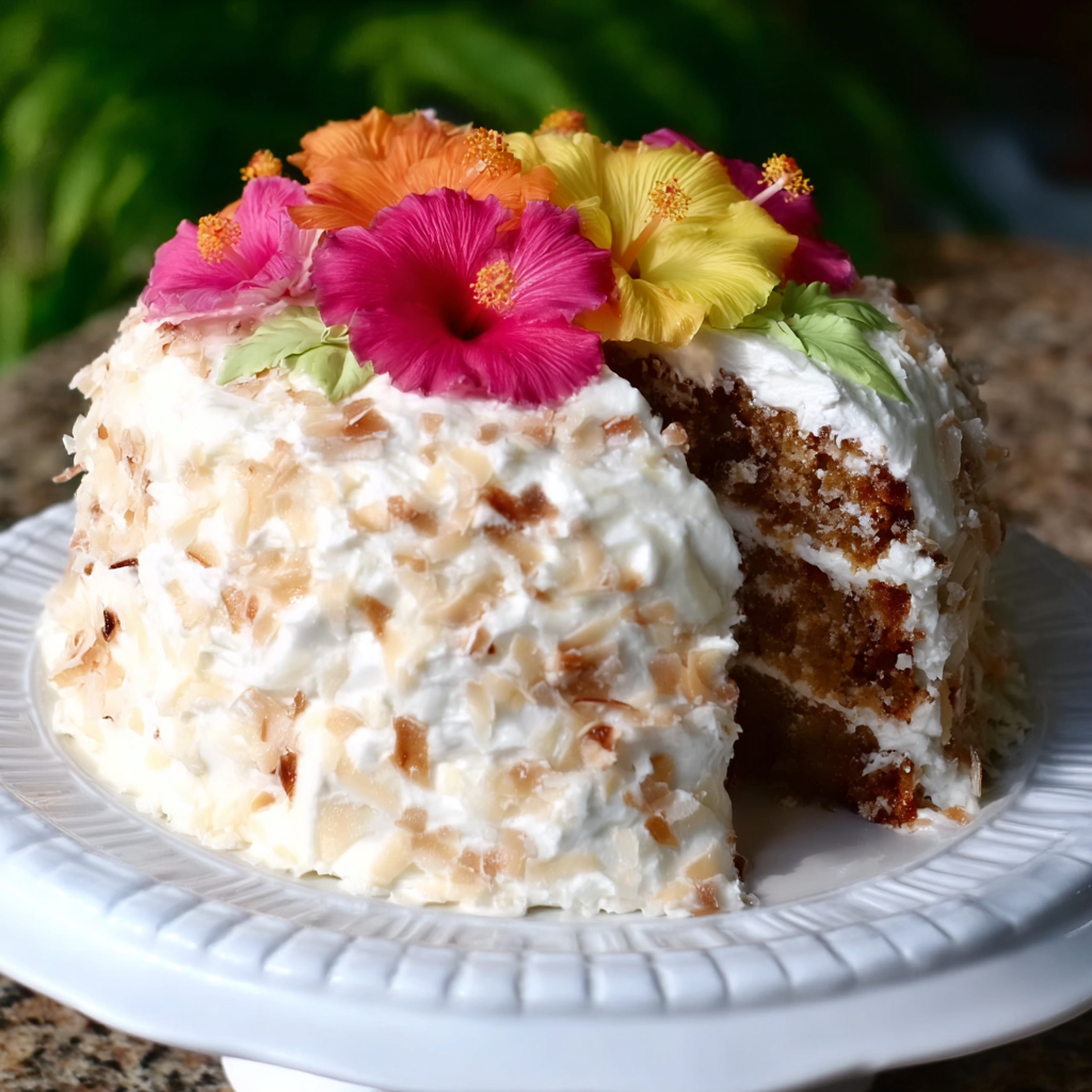 Close-up of Hawaiian wedding cake slice with creamy frosting pineapple filling and shredded coconut garnish