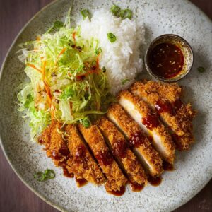 Healthy baked chicken katsu on a plate with steamed vegetables and light tonkatsu sauce