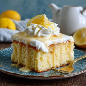 Light and healthy lemon tres leches cake with fresh lemon topping and reduced-sugar whipped cream