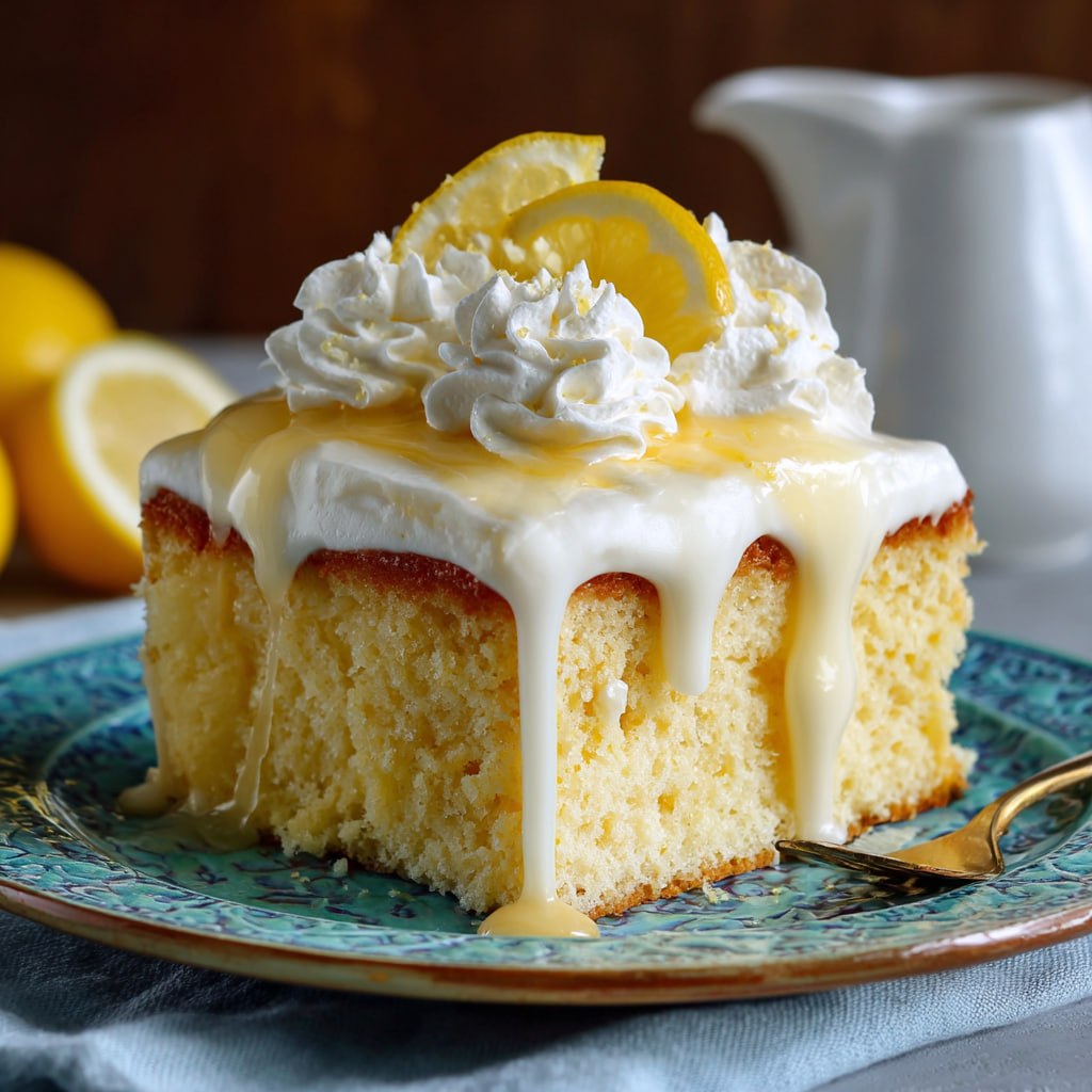 Lemon tres leches cake slice showing the moist, milk-soaked interior with bright citrus flavor
