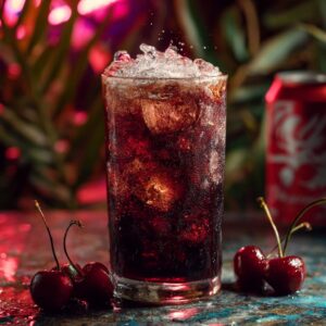 Midnight Malibu dirty soda drink recipe with coconut rum and dark cherry