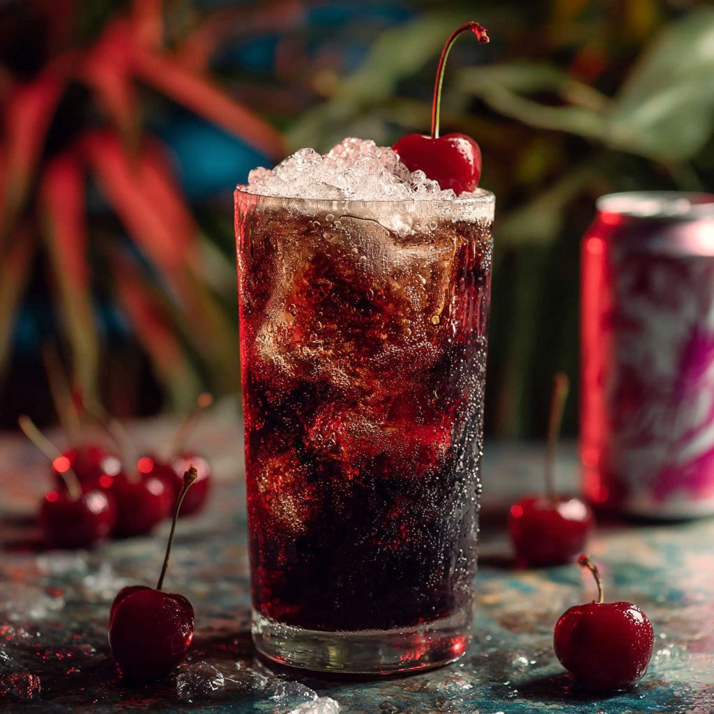 Refreshing Malibu dirty soda with grenadine swirl and crushed ice