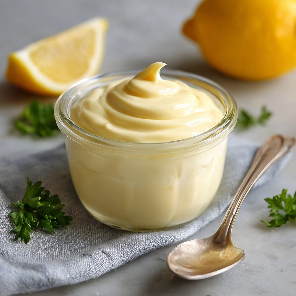 Close-up of creamy avocado oil mayonnaise on a spoon showing its thick, smooth texture