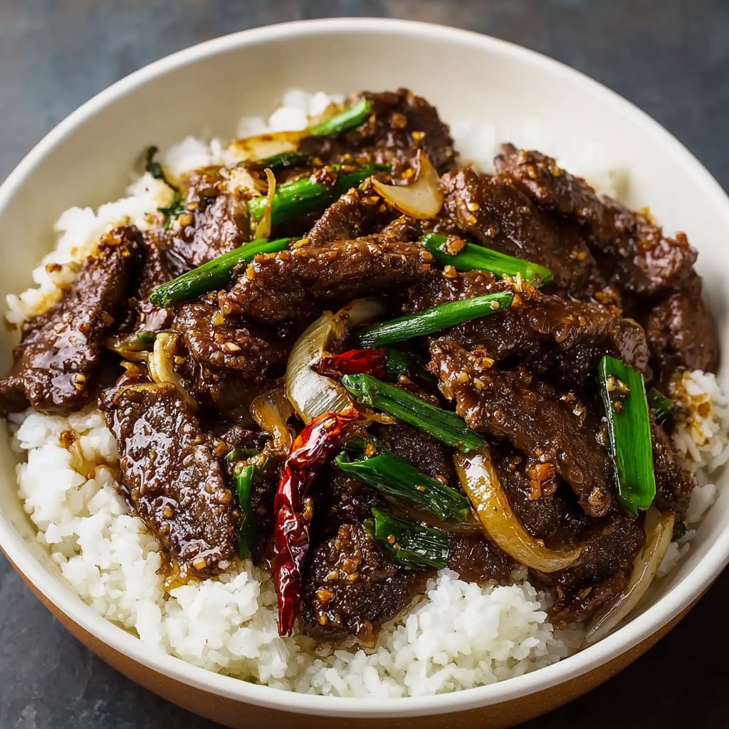 Quick homemade Mongolian beef with glossy sweet soy sauce coating