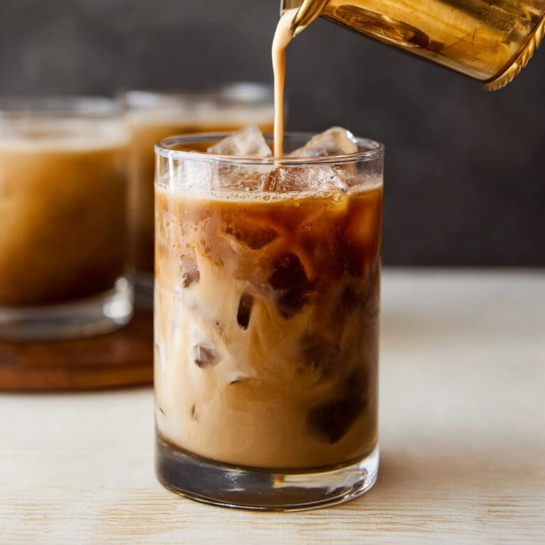 Homemade iced coffee in a tall glass with ice cubes and a straw