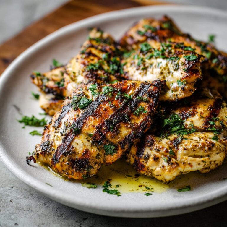 Yogurt marinated chicken breasts on a plate with fresh cilantro and lemon